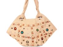 Stones studded fabric Handbag, Top zipper closing