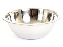 Commercial use deep mixing bowl made of stainless steel, a mirror polish and a rolled edge. Made in India.