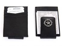 Carry your money in style. This is a Genuine Leather credit card holder and magnetic Money clip with metallic zinc concho lone star design. As this is genuine leather, please be aware that there will be some small creases and nicks in the leather but the wallet are all brand new.
