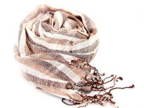 Lightweight & woven viscose scarf has earthy tones of brown & off-white. The scarf is made of yarn dyed viscose. Imported. 