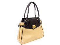 PVC Fashion Handbag with double handle, top zipper closing & center divider inside the bag. Metal lock detail in the front. 