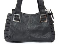 Faux Leather Fashion Handbag. Top zipper closing. Back outside zipper pocket.