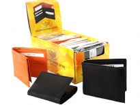 Assorted cowhide bi-fold and tri-fold wallets. This is a mixed colors dozen pack. The box containing the dozen wallets converts into a counter display. 