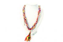 Colorful satin thread braided with small colored resin beads has 4" chain on both ends with lobster closure. A 3.5" long hanging threads, beads & chains accent completes this funky neck piece. 