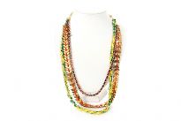 Three chains in different widths & lengths make this alluring piece of jewelery where the longest link chain is intertwined with yellow/green thread, middle leafy pattern one has orange thread & shortest is intertwined with blue/orange thread. Imported.  