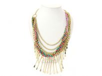 Colored braided satin thread with hangings & three chains in varying patterns & widths make this compelling piece of jewelery which can be combined with any kind of outfit. Long needle shape hangings make tingling sound when they touch each other. 