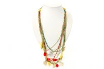 Beautiful gold tone multiple chains long necklace with hangings in different shapes & colors. Resin in red & yellow and gold tone love & leaf shape hangings. Five thin chains but in smaller length with two of them braided with thread add extra zing to this beautiful neck piece.