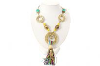 Luxurious neck piece has gold tone links chain as string with mesh design round metal accents & same bigger size pendant adorned with knotted colored threads & chains accent. Colored as well as gold tone resin beads accent also. Imported. 