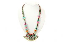 Colorful resin beads make floral pattern on two tone multi string necklace which also has broad metal pendant which is handpainted & has engraved design. Imported.
