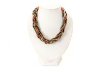 Strands of copper, bronze, silver beads are braided together to make a mesh design neck piece which is very elegant & matches lot of outfits. Copper color metal chain at both ends completes this beautiful collar necklace.