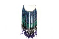 Mesmerizing neck piece is made of multiple strands of miniature resin beads in peacock shades. Long strings make a bib in the front. Imported.