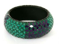 Beautiful wide cuff fashion bangle has small mirrors in green & purple making a floral pattern all over the bangle. Made of Resin and is very lightweight.  