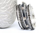 Bohemian fashion black mirror bangle bracelet set. Handcrafted by artisans in India. Durable and high quality.