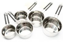 This sauce pan set has an eloquently beautiful style that will add a splash of class to any kitchen. 5 piece all stainless steel sauce pan set (3/4 quart Sauce Pan, 1 quart Sauce Pan, 1-1/4 quart Sauce Pan, 1-3/4 quart sauce pan, 2 quart sauce pan). We recommend you to hand wash the sauce pan due to its finish even though it is dishwasher safe. Not oven safe.

Sauce pans have riveted Phenolic coated wire handles.