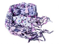 Miniature flowers in shades of pink bloom over this navy yarn dyed 100% viscose scarf. Thread like fringes on its edges completes this scarf. Lightweight & soft to use all year around. Imported. Hand wash.