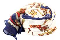 Royal & Majestic keys print in yellow & brown decorates this beige colored semi-sheer 100% polyester scarf. Navy blue colored border all around the scarf adds a little sophistication & eyelash fringe on the ends completes it. Imported. 