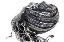 Beautiful black and multi colored design scarf has horizontal open weave pattern. Long twisted fringes completes this 100% viscose scarf. Classy scarf can also be teamed up with a formal dress as a shawl. Imported.