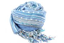 Beautiful light blue and multi colored design scarf has horizontal open weave pattern. Long twisted fringes completes this 100% viscose scarf. Classy scarf can also be teamed up with a formal dress as a shawl. Imported. 