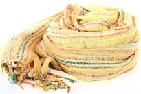 Beautiful Yellow colored design scarf has horizontal open weave pattern. Long twisted fringes completes this 100% viscose scarf. Classy scarf can also be teamed up with a formal dress as a shawl. Imported.