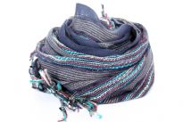 Beautiful Grey, Blue and multi colored design scarf has horizontal open weave pattern. Long twisted fringes completes this 100% viscose scarf. Classy scarf can also be teamed up with a formal dress as a shawl. Imported. 