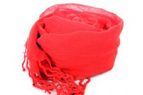 Beautiful Red colored scarf has horizontal open weave pattern. Long twisted fringes completes this 100% viscose scarf. Classy scarf can also be teamed up with a formal dress as a shawl. Imported. 