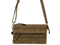 Faux Leather Shoulder bag. Top zipper closing, three separate compartments, front zipper pocket, adjustable strap.