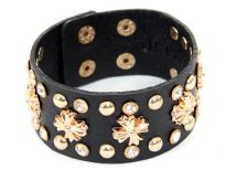 Genuine Leather Studded Wide Cuff Fashion Bracelet with button closure. Small buttons & cross shape studs makes this bracelet to be matched with any kind of outfit. 