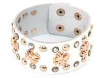 Genuine Leather Studded Wide Cuff Fashion Bracelet with button closure. Small buttons & cross shape studs makes this bracelet to be matched with any kind of outfit. 