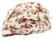 Beige colored 100% silk scarf with print of Indian mythological figures. Square shaped scarf is lightweight & can be used with all kinds of outfits. Made in India.