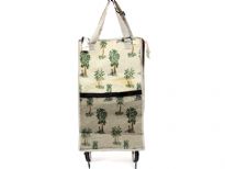 Rolling shopping bag. Top zipper closing. The bag has wheels and double handle.