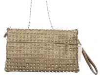 Faux leather rhinestones studded clutch bag. top zipper closing. Back outside zipper pocket. Wrist strap and metal shoulder chain included.