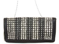 Faux leather folding studded clutch bag. Zipper closing. Back outside zipper pocket. Wrist strap and metal shoulder chain included.