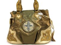 Fleur De Liz Licensed Handbag in Shining PVC. Bag has patchwork design in the corners in contrasting color. Double handle & hanging fringes on the sides of the bag. Top zipper closure. Fleur De Liz logo in center with rhinestones on it.