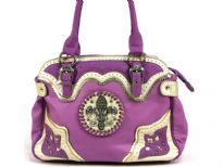 Fleur De Liz Licensed PVC Handbag with top zipper closure. Patchwork in contrast color on the corners, trim bordering the zipper & on the sides of the bag also. Double shoulder handle.