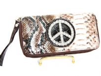 Animal print embossed "Peace" sign double zipper wallet