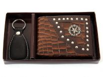 Carry your money in style. This is a genuine leather western style bi-fold men wallets with leather key ring. This is a gift box set. As this is genuine leather, please be aware that there will be some small creases and nicks in the leather but the wallet are all brand new. 