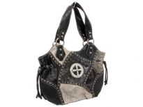 Patch work Cross double handle bag. Top zipper closing. Center divider. Back zipper pocket.