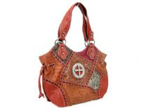 Patch work Cross double handle bag. Top zipper closing. Center divider.Back zipper pocket.