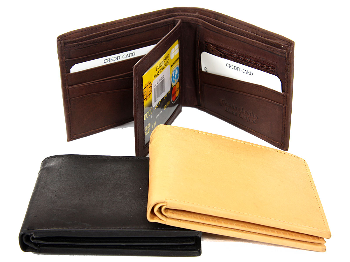 Men's Leather BiFold Double Bill 10 Credit Card Slot 1 ID Window in Black 4.25 x 3.35 inches BB