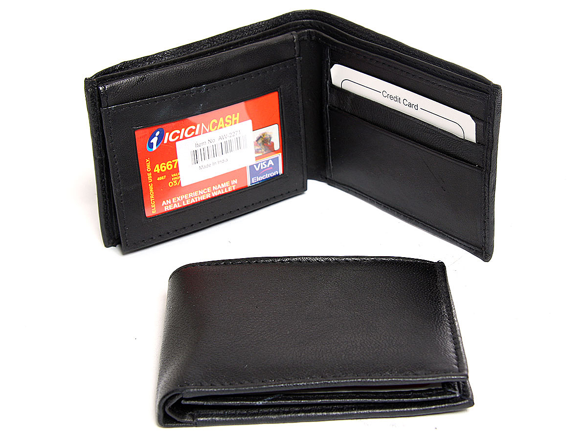 Men/'s aseado Bi-Fold Negro Genuino Cuero Billetera soporte de tarjeta de crédito ID Venus